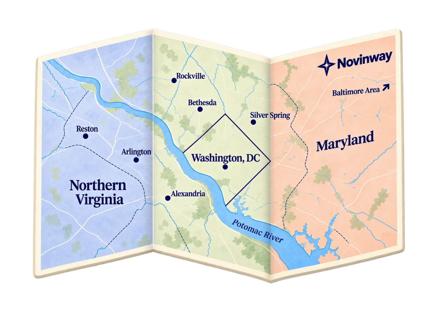 Illustrated map of Washington DC, Northern Virginia and Maryland
